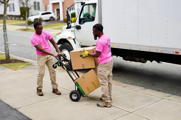 AE Services movers loading boxes onto a hand truck beside the moving truck