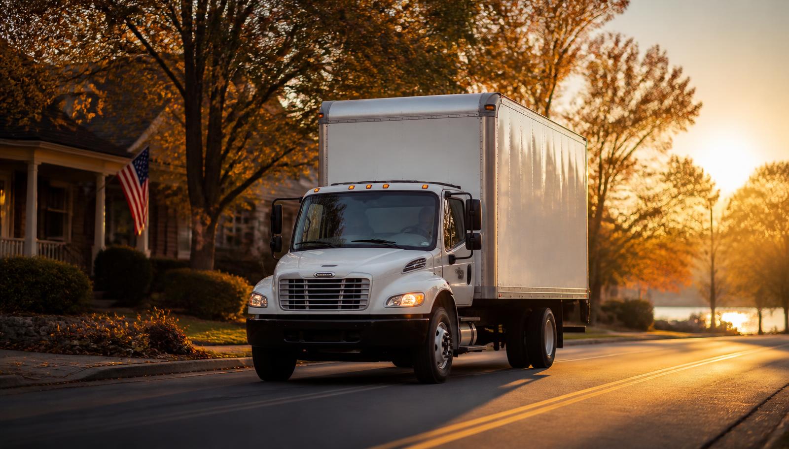 Moving truck on a suburban Maryland street at golden hour